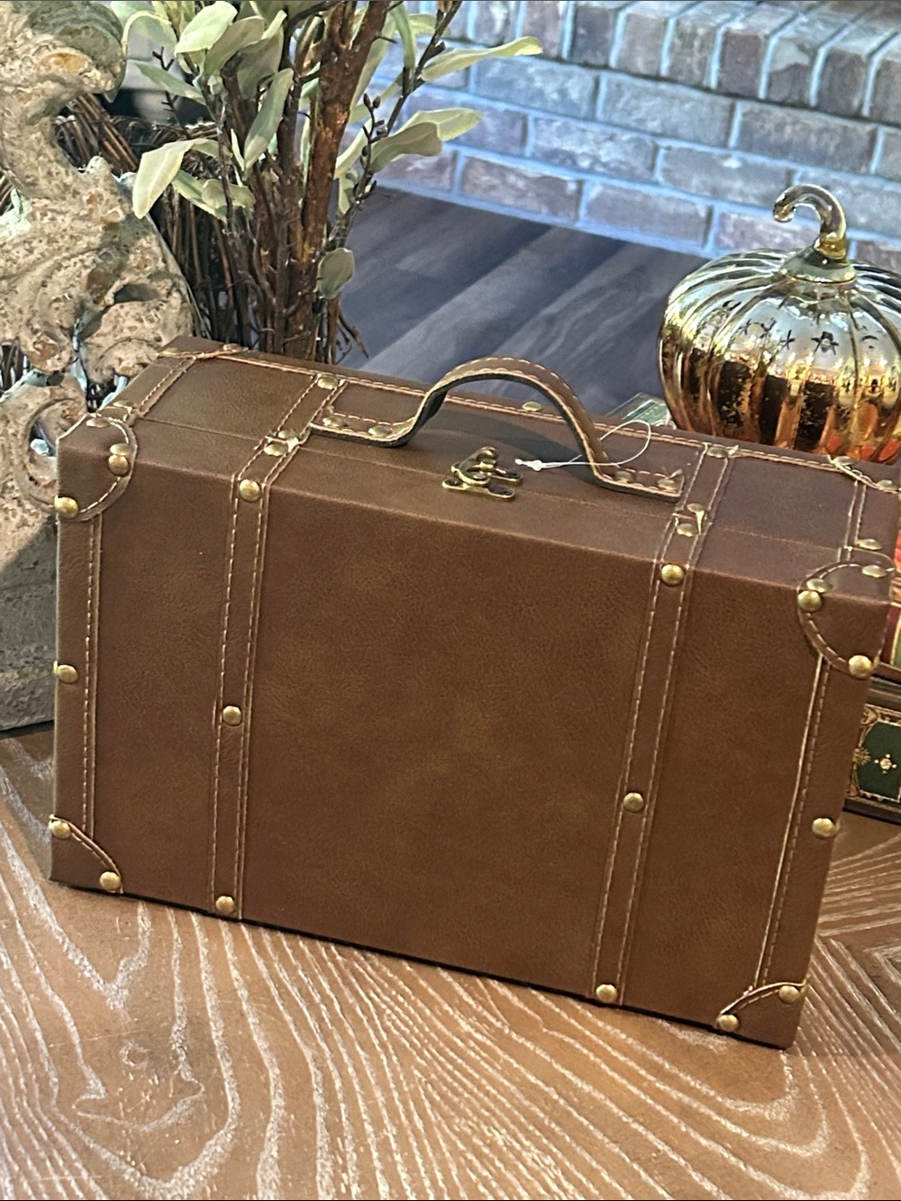 NEW! Vintage Inspired Shabby Chic Faux Brown Leather Suitcase Storage Trunk